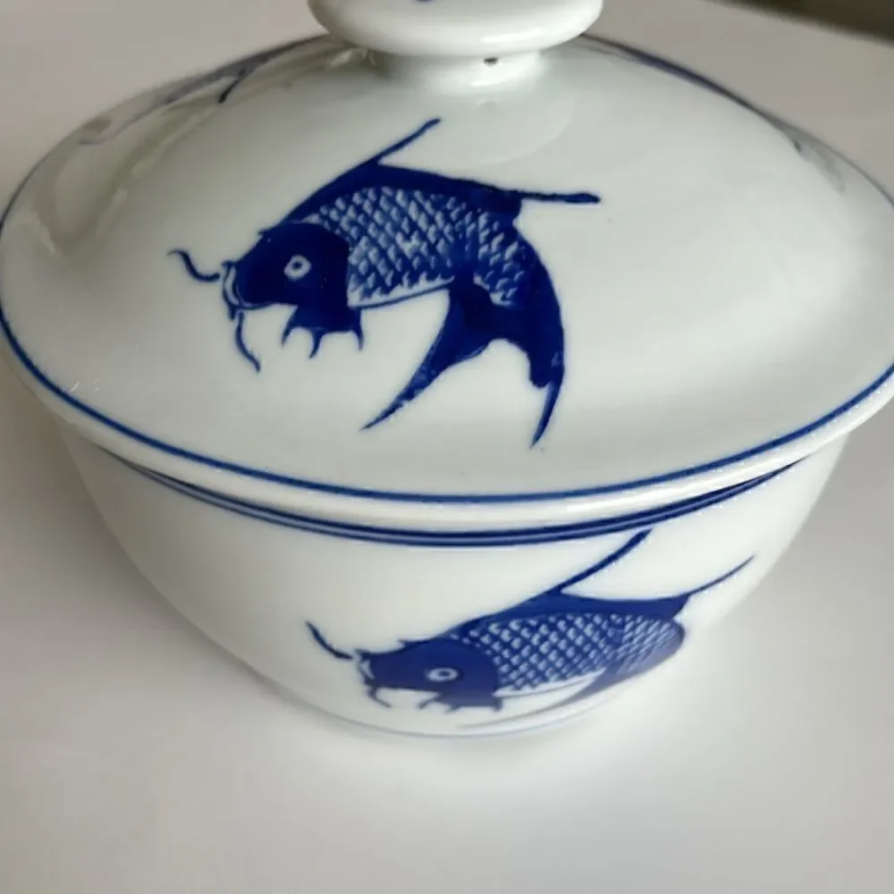 Chinese Koi Fish Serving Bowl With Lid Ceramic Blue White